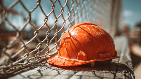 A close-up image of an orange hard hat placed on a wooden surface with a fence in the backdrop, showcasing a construction site under a bright blue sky.の素材