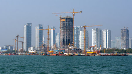 A vibrant urban construction scene showcasing cranes and high-rise buildings under development. The image reflects modern architecture and growth in dynamic city settings.の素材