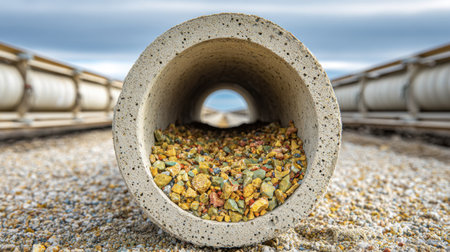 A close-up view of a concrete pipe filled with colorful gravel, set against a coastal pathway, showcasing nature's beauty and construction coexistence under a cloudy sky.の素材