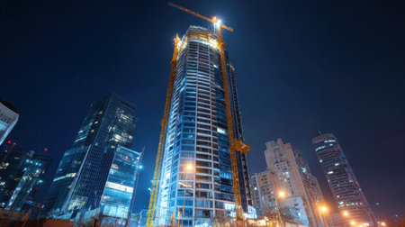 A vibrant city skyline at night showcases a high-rise building under construction. Cranes and construction tools are visible against the illuminated urban backdrop.の素材