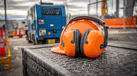 A vibrant orange hard hat with earmuffs prominently displayed on a rough surface, emphasizing essential safety gear in a busy construction site, showcasing work safety.の素材