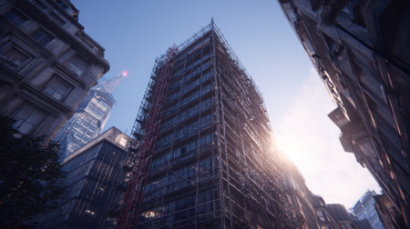 Captured at sunrise, this image showcases a building under construction with scaffolding, framed by urban architecture, emphasizing vibrant city life and development.の素材