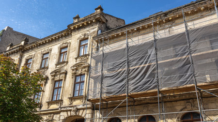 A historical building undergoing renovation, featuring scaffolding and covered facades. The image captures the restoration efforts amidst a clear blue sky in an urban setting.の素材
