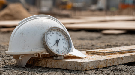 A hard hat placed beside a pressure gauge on a construction site emphasizes the importance of safety equipment in maintaining a secure working environment for workers.の素材