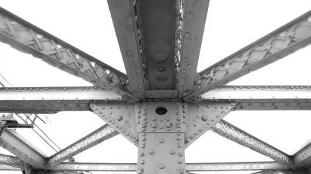 A captivating view of a steel bridge's intricate structure, highlighting its geometric patterns and textures in monochrome, perfect for architectural photography.の素材