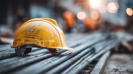 A yellow construction helmet sits atop steel reinforcement bars on a bustling construction site, illustrating essential safety gear in an active work environment.の素材