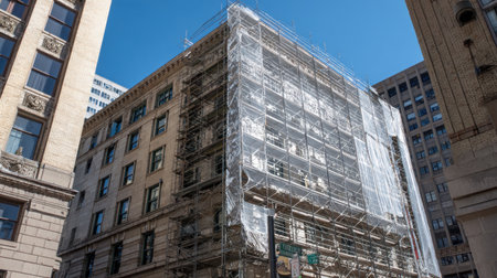 A construction site features a historic building wrapped in scaffolding, showcasing ongoing renovation work amidst an urban environment and vibrant blue sky.の素材