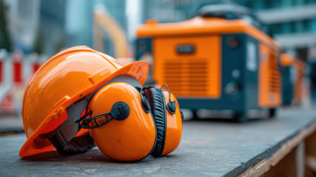Safety gear including an orange hard hat and ear protection lies on a wooden surface at a construction site, emphasizing the importance of worker safety in urban environments.の素材
