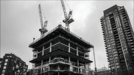 Black and white photograph of an urban construction site featuring cranes, modern architecture, and a blend of city buildings, capturing the essence of development.の素材