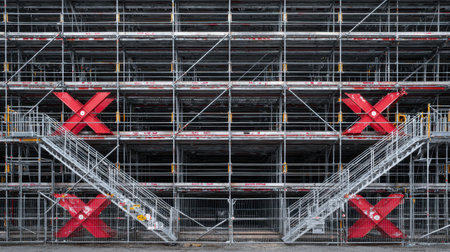 This image showcases a detailed view of a construction site featuring metal scaffolding with red safety markings, emphasizing structure and safety in urban building projects.の素材