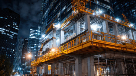 Captivating night scene of a construction site showcasing illuminated skyscraper frameworks amidst a bustling city skyline, highlighting urban growth and development.の素材