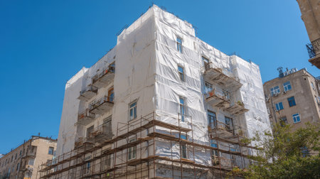 A worksite shows a building wrapped in white tarpaulin and surrounded by scaffolding under a clear blue sky, highlighting urban renovation and construction efforts.の素材