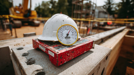 A hard hat and a pressure gauge sit atop construction materials on a worksite, highlighting safety and precision in the building process. Essential tools for professionals.の素材