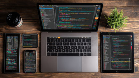 A visually appealing coding setup features a laptop, smartphone, and tablet alongside a coffee cup and plant on a wooden desk, highlighting vibrant programming code.の素材
