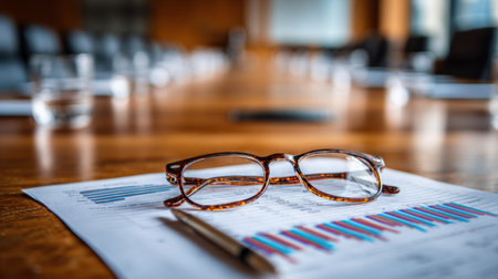 A pair of glasses and a pen lay on a detailed chart in a conference room, symbolizing professional meetings, data analysis, and corporate discussions.の素材