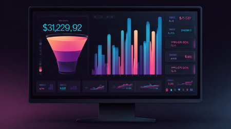 A stunning digital dashboard displaying colorful graphs and statistics in a dark setting, perfect for illustrating data analysis concepts and technological advancements.の素材