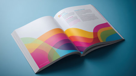 An open book displaying colorful abstract wave patterns across its pages. The design features a vibrant palette, perfect for creative and educational projects.の素材