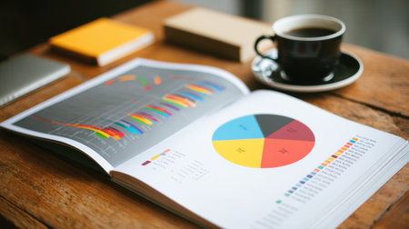 A business report featuring colorful graphs and charts laid open on a rustic wooden table alongside a coffee cup and notebooks, perfect for analysis or presentations.の素材