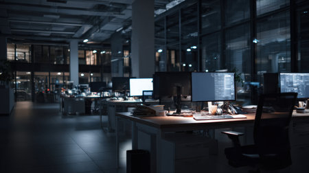 A tranquil office setting at night, featuring illuminated computer screens on desks, creating an atmosphere of calm and focus in a modern workspace. Ideal for showcasing corporate environments.の素材