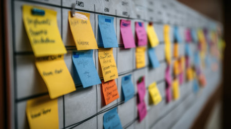 A vibrant display of sticky notes in various colors organized on a whiteboard, highlighting an effective method for project management and brainstorming in a professional workspace.の素材