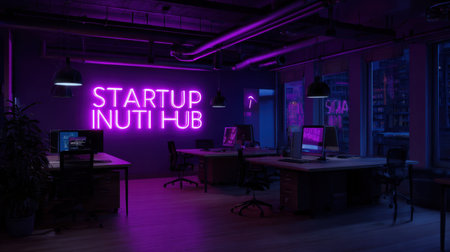 A sleek office interior featuring vibrant neon lights in a modern startup hub. The design encourages creativity and collaboration in a professional environment.の素材