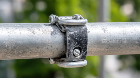 A close-up image of a metal clamp tightly securing two pipes, showcasing intricate details under bright natural light, highlighting its functionality and strength.の素材