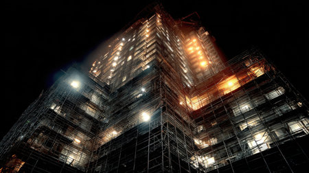 A dramatic nighttime view of a construction site, showcasing the intricate scaffolding and bright lights, reflecting the energy and dynamism of urban development and progress.の素材