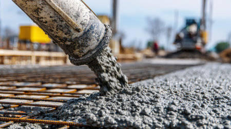 A dynamic image capturing the moment concrete is poured from a hose onto a construction site, showcasing the intricate details of the mixture and the work environment.の素材