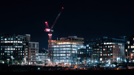 A vibrant construction site illuminated at night, featuring a towering crane and modern buildings, showcasing urban development and engineering progress in a lively city atmosphere.の素材
