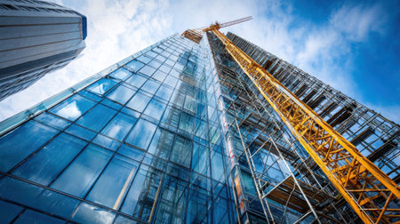 A tall glass building rises during construction, supported by a crane and scaffolding, reflecting the sky. This image captures the essence of modern urban development.の素材