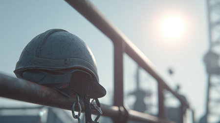 A detailed view of a construction helmet placed on a railing, capturing a serene industrial scene illuminated by soft sunlight in the background.の素材