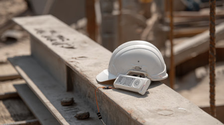 A hard hat and portable radio rest on a steel beam at a construction site, illustrating the importance of safety equipment and communication in industrial work environments.の素材