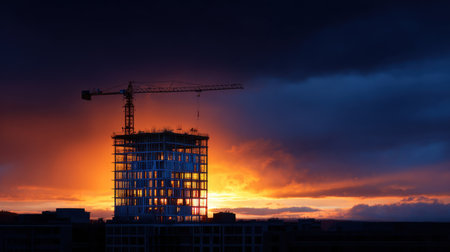 A stunning sunset captures a construction site silhouetted against a vibrant sky, showcasing the beauty of urban development and industrial progress in action.の素材