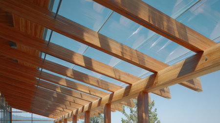 This image showcases a stunning modern architectural interior with exposed wooden beams and skylights, allowing ample natural light and a tranquil atmosphere.の素材