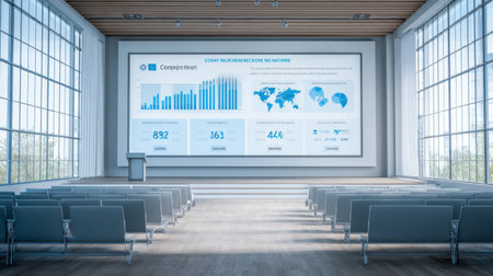 A spacious modern conference room featuring a large digital display with vibrant data visuals, ideal for business presentations and team meetings.の素材