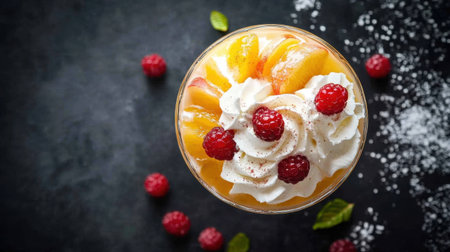 A stunning dessert showcasing a delightful combination of whipped cream, fresh peach slices, and raspberries, perfect for food photography or culinary presentations.の素材