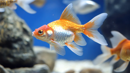 A beautiful goldfish swims gracefully in a clear aquarium, surrounded by rocks and vibrant aquatic life, capturing the serene beauty of underwater environments.の素材