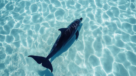A beautiful dolphin glides effortlessly through the sparkling water, showcasing its sleek body against the clear surface, embodying the essence of marine tranquility and beauty.の素材
