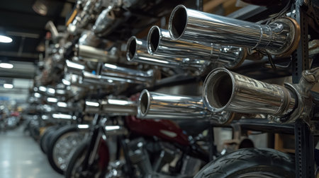 This image captures an intricate view of gleaming exhaust pipes in a motorcycle shop, showcasing the industrial atmosphere and the art of bike customization.の素材