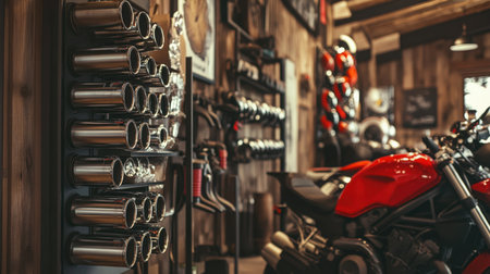 A captivating view of a motorcycle garage featuring stunning exhaust pipes and a classic bike, highlighting the artistry of motorcycle culture and craftsmanship in a cozy environment.の素材