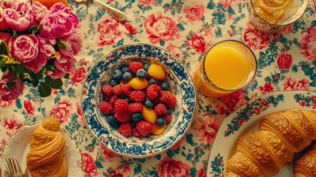 A vibrant breakfast scene featuring a bowl of fresh berries, croissants, and a glass of orange juice, beautifully arranged on a floral tablecloth, showcasing appetizing details.の素材