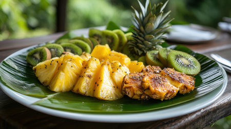 A visually appealing tropical fruit platter featuring fresh pineapple, kiwi, and mango arranged beautifully on a leafy plate, perfect for healthy eating.の素材