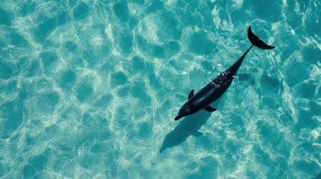 A stunning dolphin swims gracefully through crystal clear turquoise water, showcasing the vibrant marine life and serene beauty of the underwater world.の素材