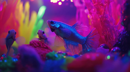 A beautiful underwater scene featuring colorful neon fish swimming amidst vibrant aquatic plants, capturing the serene beauty of an aquarium filled with light and life.の素材