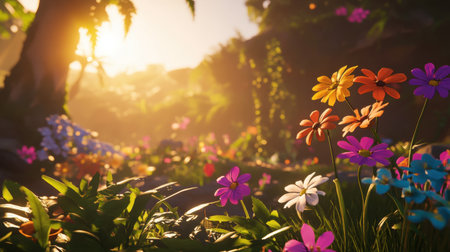 A stunning wildflower meadow bathed in warm sunlight at sunrise, showcasing vibrant blooms and lush greenery, evoking tranquility and natural beauty in a serene landscape.の素材