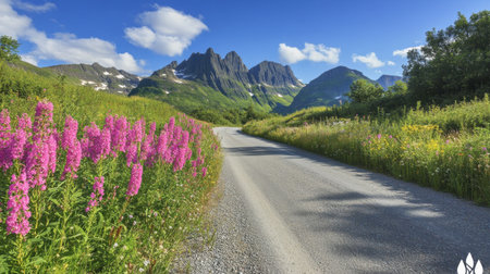 A picturesque mountain road framed by vibrant wildflowers stretches into the distance, inviting exploration in a serene environment under a bright blue sky.の素材