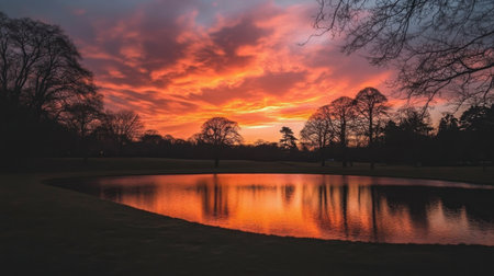 A breathtaking sunset over a calm lake creates a stunning reflection of vibrant colors. Silhouetted trees frame the tranquil landscape, evoking a sense of peace.の素材