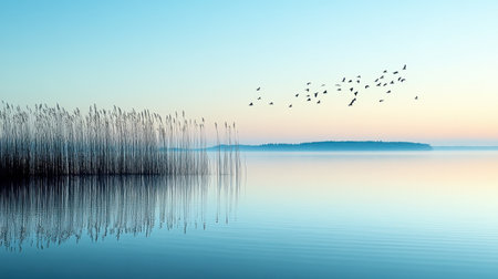A tranquil scene of a serene lake at dawn with silhouetted reeds and birds gracefully flying against a calm blue sky reflecting on the waterの素材
