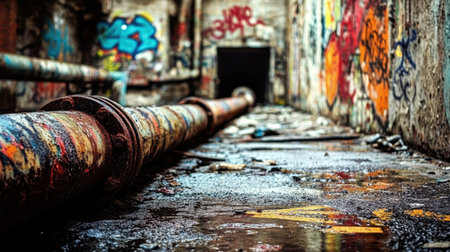 This striking image showcases an abandoned industrial site featuring a rusty pipe and vibrant graffiti, capturing the allure of urban decay and nature's reclamation.の素材