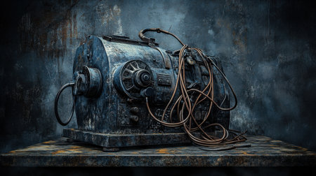 A striking image of an old industrial machine highlighting the effects of time, with rusted metal, dusty surfaces, and tangled wires creating an evocative sense of neglect.の素材